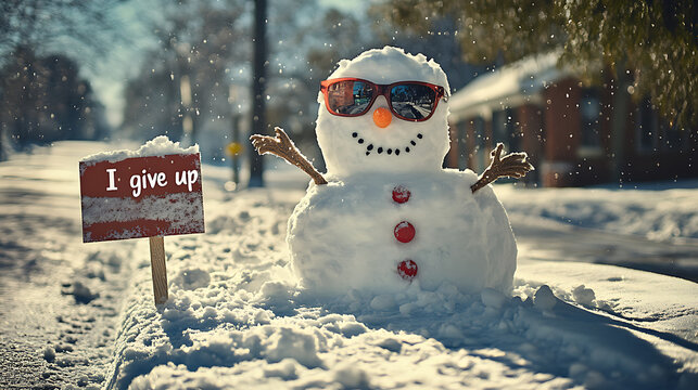 A Cheerful Snowman Wearing Sunglasses Holding a Funny Resigned Sign