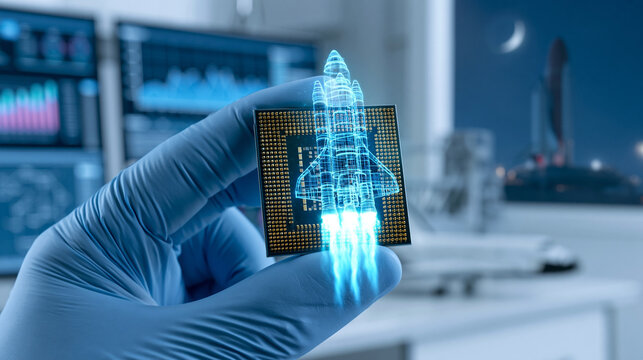 Gloved hand holds computer chip with holographic space shuttle launching from it in a futuristic lab at night.