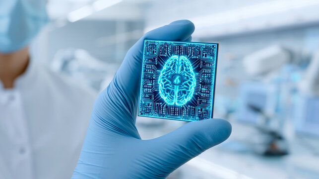 Gloved hand holds glowing microprocessor with human brain circuit design for artificial intelligence research and lab.