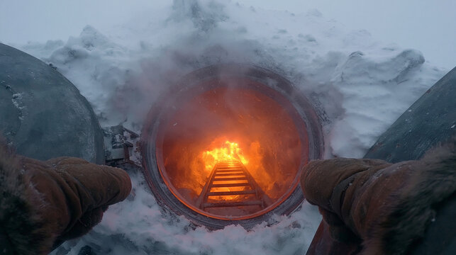 Gloves opening hatch to fiery pit in snowy landscape with ladder descending into intense heat and steam underground.