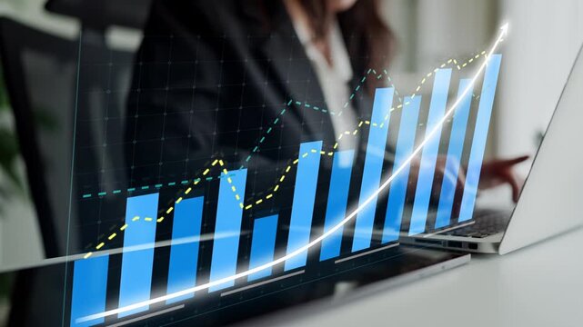 A business professional conducts in-depth financial analysis on a laptop, with a digital growth chart overlay emphasizing rising trends and potential market success. Copula