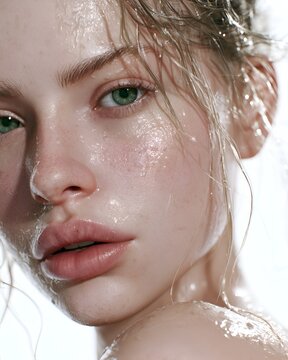 Close up of a young woman's face with water droplets and wet hair