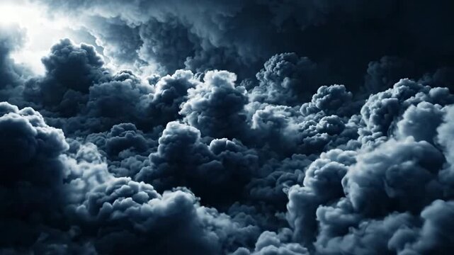 Aerial View of Dramatic Storm Clouds Billowing with Sunlight Breaking Through Dark Sky Background Wide Angle Shot