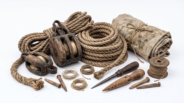Vintage nautical rigging equipment featuring wooden block and tackle pulleys coils of rope marlinspikes wooden pins and a canvas sailmaker roll on white background