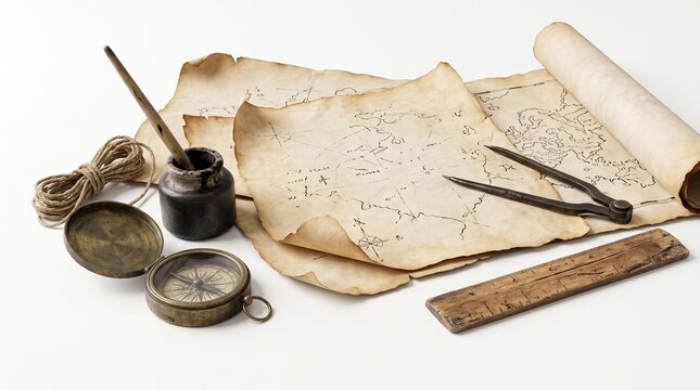 Antique nautical navigation instruments featuring weathered parchment maps, brass compass, wooden ruler, inkpot with quill, metal dividers, and tied twine on clean white surface