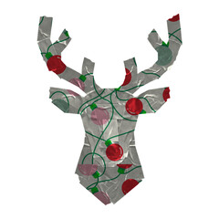 Creative Christmas reindeer head silhouette made of silver duct tape and decorated with colorful holiday string lights isolated on white background © SonojART