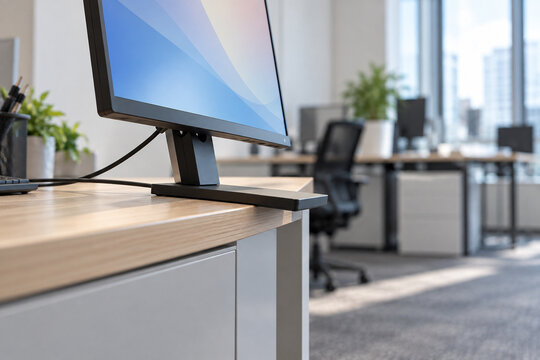 Computer Monitor Stand Overhanging Edge of Office Desk
