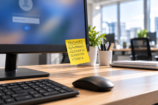 Password Written on Sticky Note Stuck to Office Computer Monitor