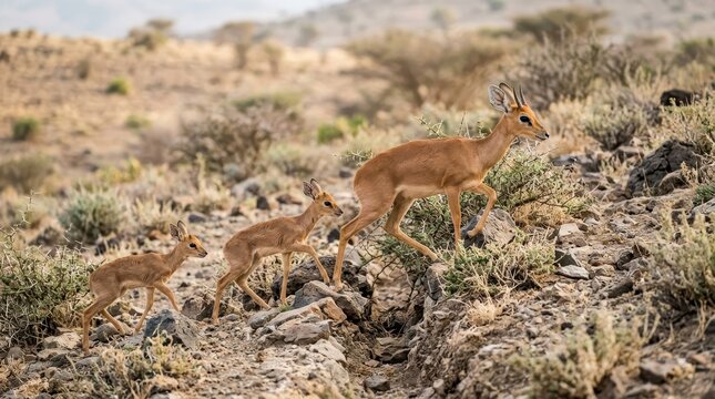 A family of klipspringer antelopes traversing the rocky terrain of an arid African landscape