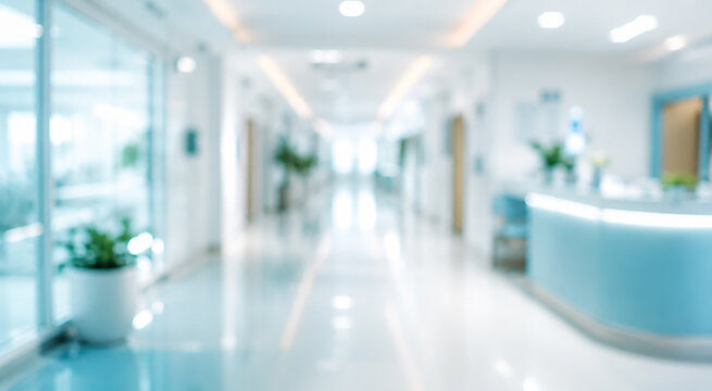 Blurred Interior Background of Modern Clean Hospital Hallway and Medical Clinic Reception Desk