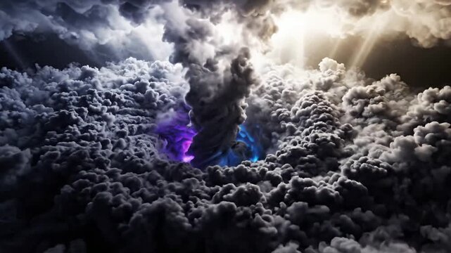 Powerful Tornado Vortex Swirling Through Dark Storm Clouds Wide Angle View with Dramatic Sun Rays and Glowing Core