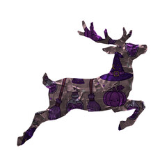 Jumping reindeer silhouette filled with a seamless purple Halloween pattern featuring witch hats, magic potion bottles, brooms, and cute pumpkins isolated on a white background © SonojART