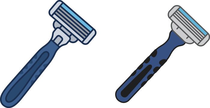 Flat vector illustration of two blue razors with multi-blade cartridge heads and grip handles, one in solid color style and one with dark outline, isolated on white background.