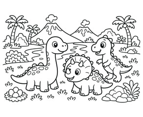 Cute cartoon dinosaurs in a prehistoric landscape coloring page for kids. © LineBloom