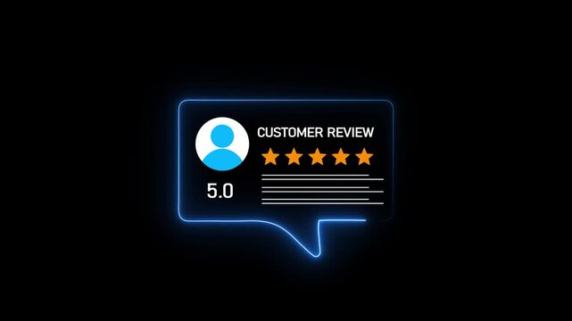 A digital interface displaying a customer review with a user the text CUSTOMEREVIEW, five orange stars indicating a rating, and lines for feedback on a dark background