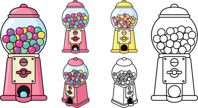 Vintage Gumball Machine Vector Set with Colorful Bubblegum Candy Dispensers and Black Line Art Outlines for Kids Coloring Book Designs