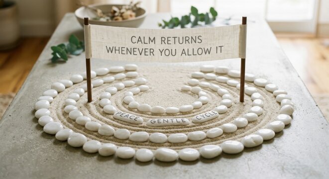 Zen Garden Arrangement with 'Calm Returns Whenever You Allow It' Banner and Peace Gentle Cycle Stones