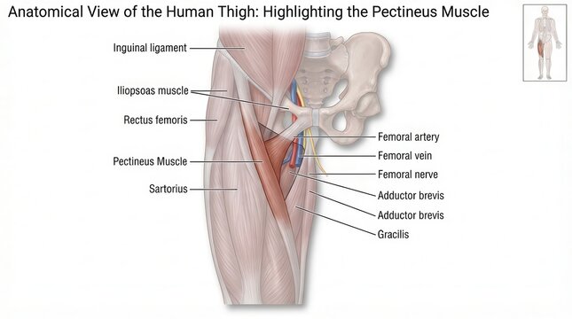 Anatomical diagram of human thigh showing pectineus muscle illustration