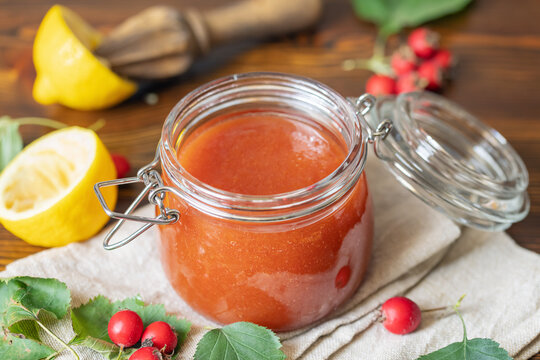 Process of making hawthorn berry jam. Autumn lifestyle concept
