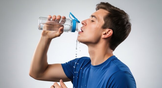 Young man drinking fresh water from a plastic sports bottle in a studio setting