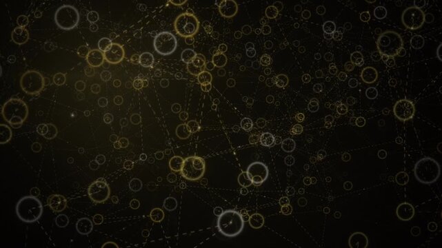 Abstract network nodes and dashed connections shift across a dark digital field