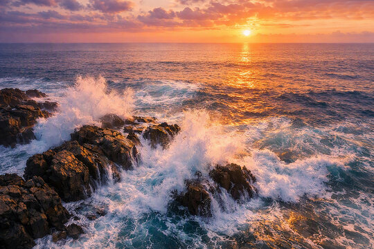 Dramatic Ocean Waves Crashing Against Rocky Coastline During Golden Hour Sunset
