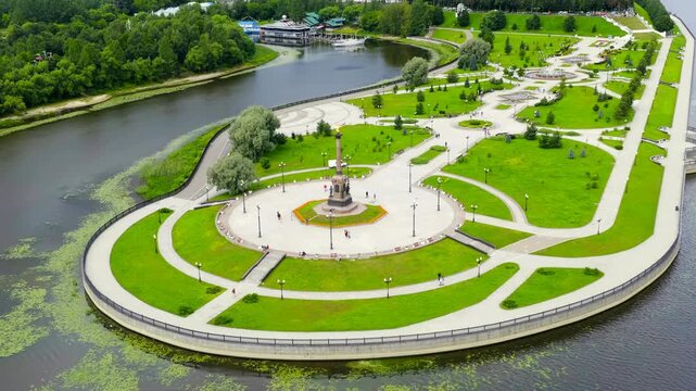 Yaroslavl, Russia. Strelka (Spit), Kotorosl flows into the Volga River, and where, according to legend, Prince Yaroslav the Wise founded the city of Yaroslavl. Drone footage, Point of interest