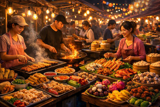 Lively Asian Street Food Night Market Scene with Vendors Cooking Fresh Delicacies