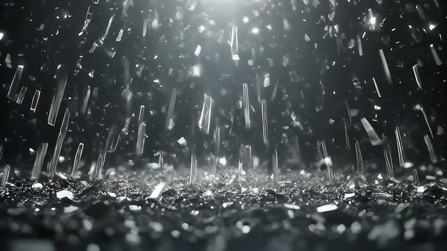 Sharp glass shards falling and crashing onto a pile of broken fragments against a dark background in slow motion.