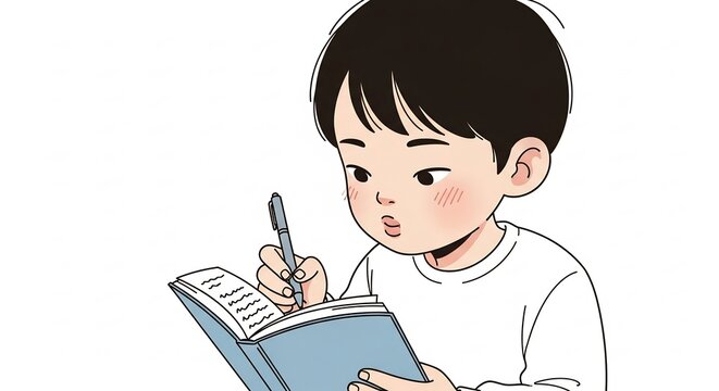Child Learning to Write: A young boy, focused and attentive, sits at a desk, diligently writing in a notebook with a pen, embodying the spirit of learning and education.