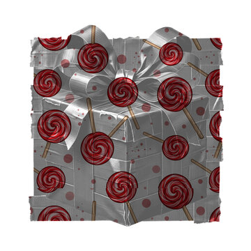 A unique creative composition of a gift box wrapped in silver duct tape with a bow, featuring a repeating pattern of red and white swirl lollipops on a white background