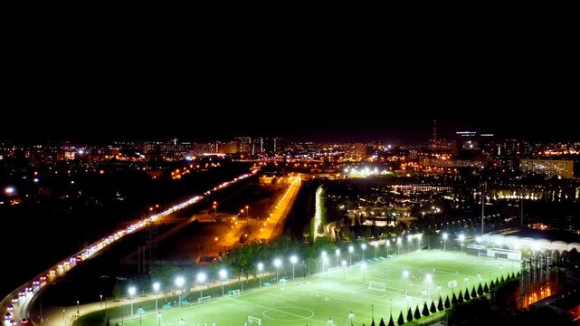 Krasnodar, Russia. Krasnodar - football stadium of the eponymous club in the city of Krasnodar. Public Park Krasnodar (Galitsky Park). Summer Drone footage