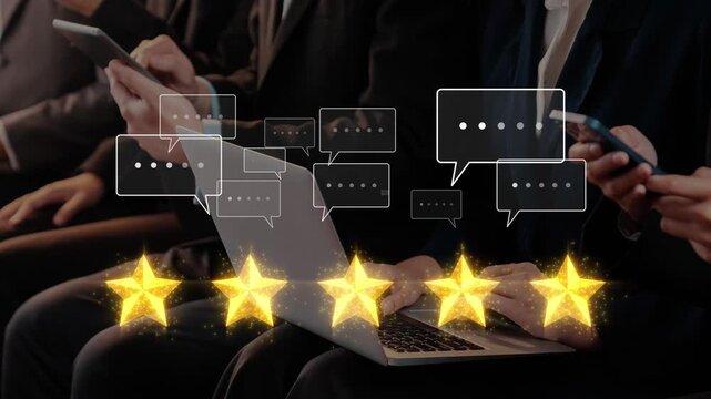 A diverse group of business professionals engaged in digital communication while evaluating performance through ratings. The image captures modern office dynamics, emphasizing engagement. Raster