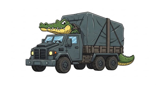 Alligator Truck Hijack: A cartoon alligator peeks out from the tarp of a military truck, looking mischievous as it embarks on an unexpected journey.