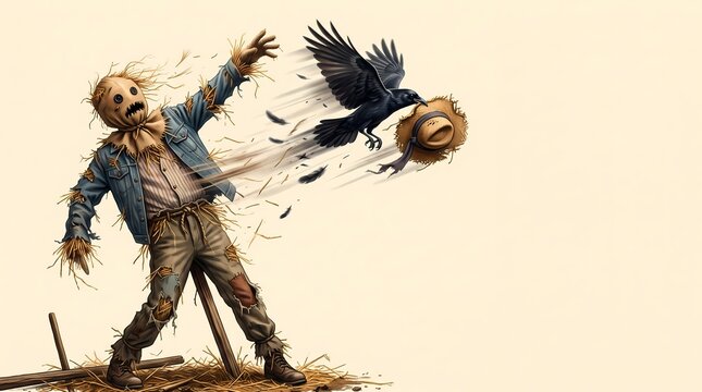 Crow flying off with straw hat from startled scarecrow