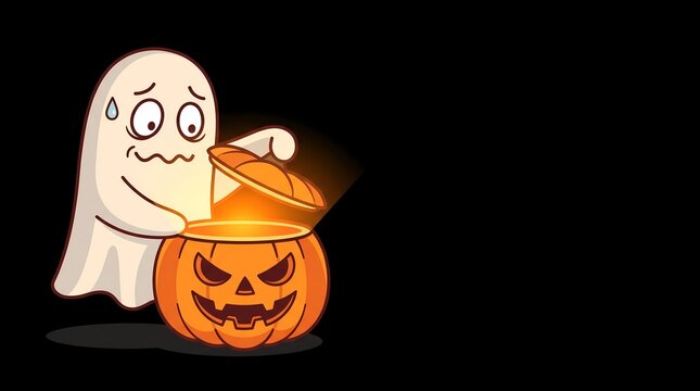 Nervous cartoon ghost opening glowing jack-o-lantern lid