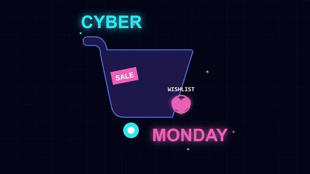 Cyber Monday Shopping Cart Motion Graphic with Glowing Neon Text and Wishlist Heart Icon