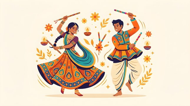 Happy Navratri Banner Illustration with Indian People Dancing Garba and Playing Dandiya Raas with Dhol Musician, Floral Toran Garland, Diya Lamps, and Rangoli Background