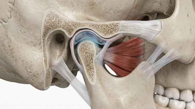 Detailed 3D medical illustration of the human temporomandibular joint and jaw anatomy