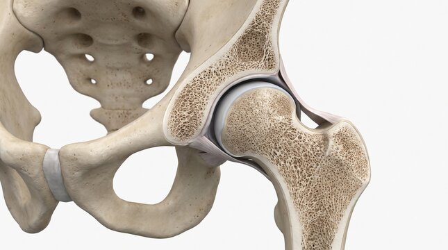 High precision 3D medical illustration of an adult female hip joint and pelvic bone structure