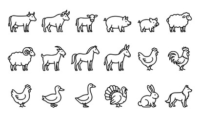 Obraz premium Farm Animals Cow Pig Sheep Goat Chicken and Horse Line Icons Set