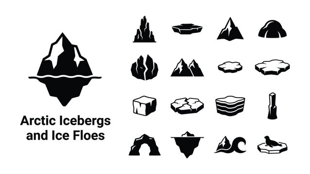 Arctic Icebergs and Ice Floes: A collection of stylized black and white illustrations depicting various forms of icebergs and ice floes, including tabular icebergs, growlers, and ice arches.