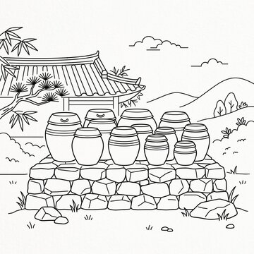 Traditional Korean Fermentation Jars Stacked Outdoors with Pavilion Roof