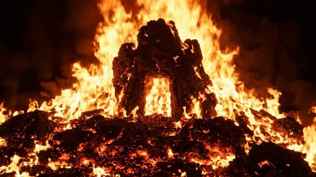 Large Wooden Pyre Consumed by Intense Orange Flames Wide Static Shot in Dark Outdoor Setting at Night