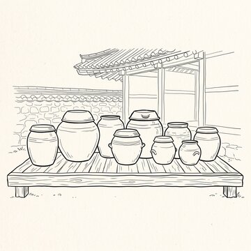 Traditional Ceramic Jars Displayed on Rustic Wooden Shelf Under Pergola