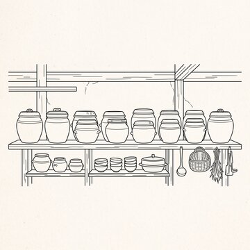 Traditional Ceramic Jars and Kitchenware on Wooden Shelves Illustration