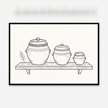 Traditional Ceramic Jars with Lids on Wooden Shelf Illustration