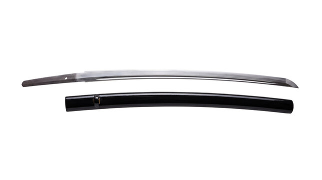 Japanese katana sword with polished steel blade, traditional samurai weapon with black lacquered scabbard, authentic martial arts equipment isolated PNG with Transparent Background