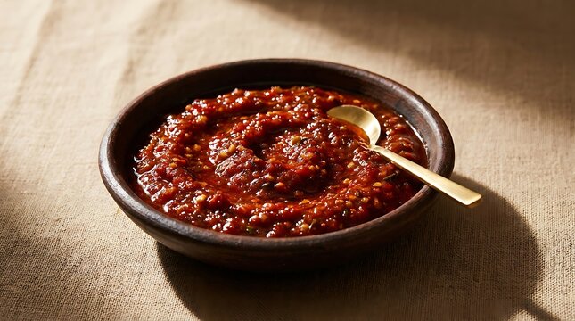 Fresh red tomato sauce in a black bowl with a metal spoon on a rustic wooden table in a home kitchen. sambal oelek