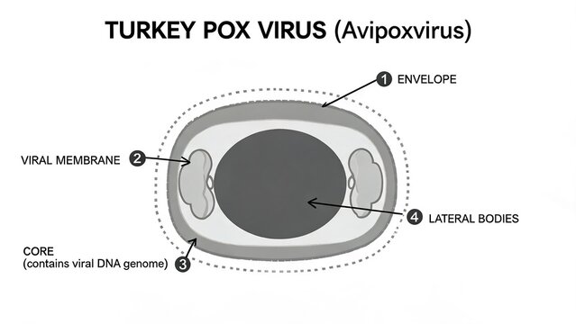 Grayscale Scientific Diagram of Turkey Pox Virus Avipoxvirus, Number Labeled Viral Anatomy with Envelope, Viral Membrane, Lateral Bodies and Viral DNA Core
